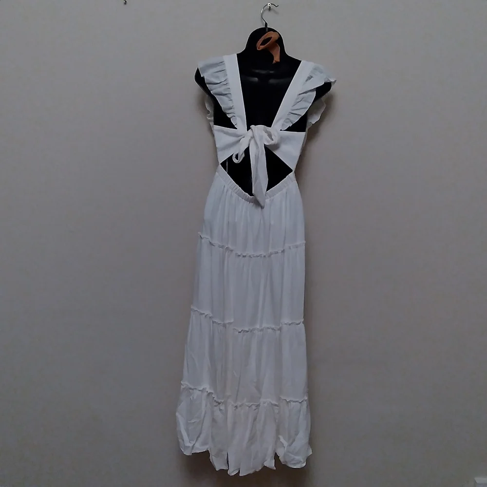 NWT SHOW ME YOUR MUMU Lovely White Linen Blend Tiered Ruffled Midi Dress, XS - Picture 6 of 11